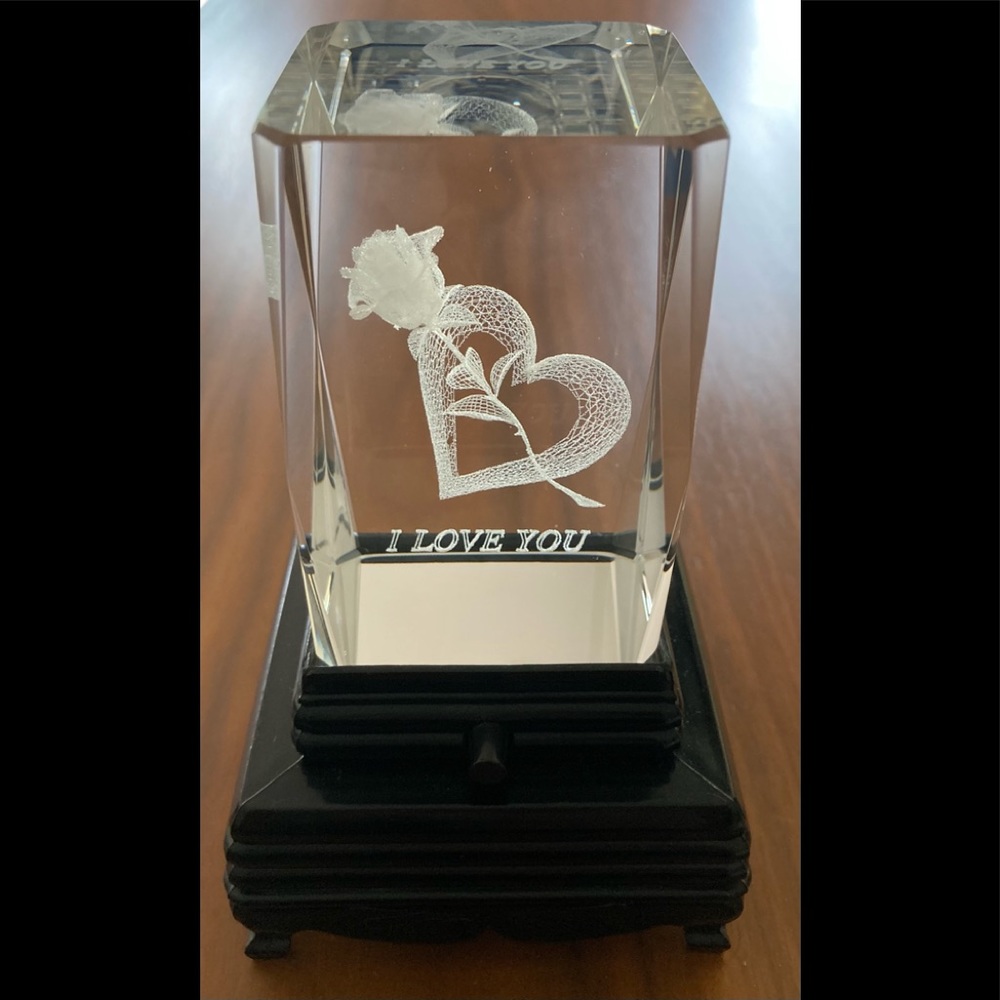 A Heart with a Rose 3D laser etched crystal block with “I Love You” inscription.